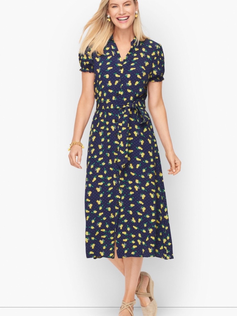 Navy Lemon-Print Midi Shirt Dress with Tie Waist